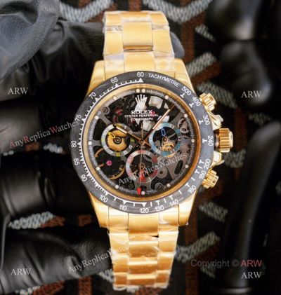 Best Replica Rolex Daytona Skeleton Montoya Yellow Gold Swiss 4130 Carbon Watch